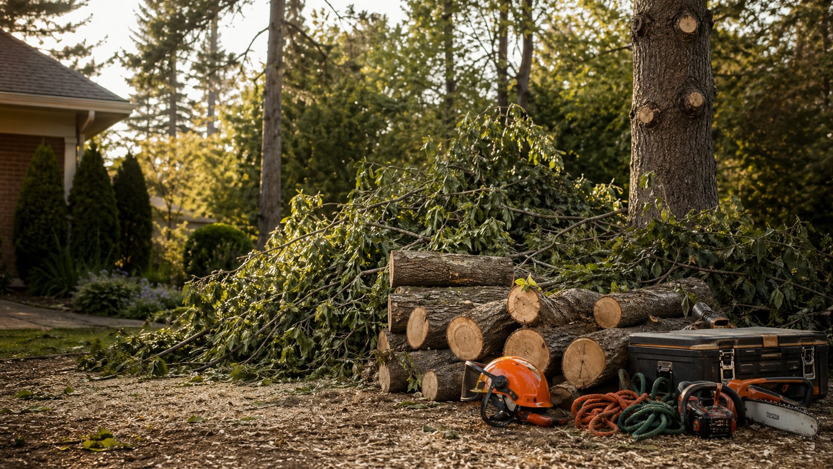 Chantier d'arboriculture propre avec branches, bûches et équipement rangés